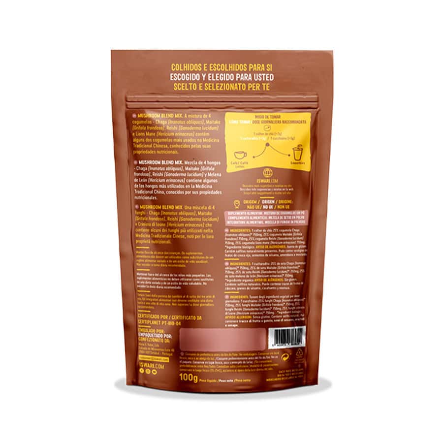 Mix de Cogumelos em Pó 100 g Iswari, mistura de cogumelos em formato prático para bebidas e receitas.