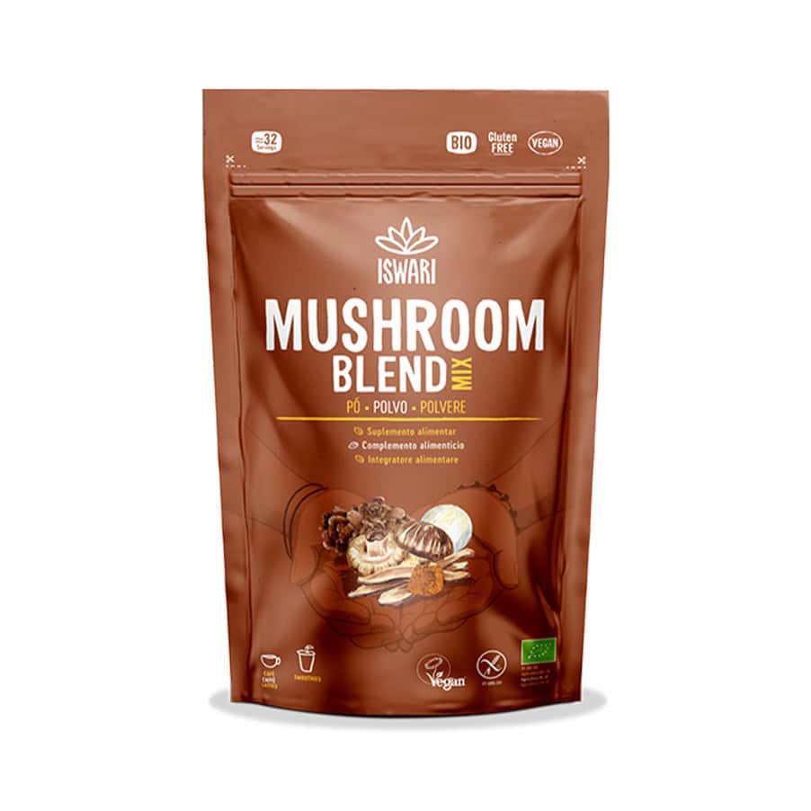 Mix de Cogumelos em Pó 100 g Iswari, mistura de cogumelos em formato prático para bebidas e receitas.