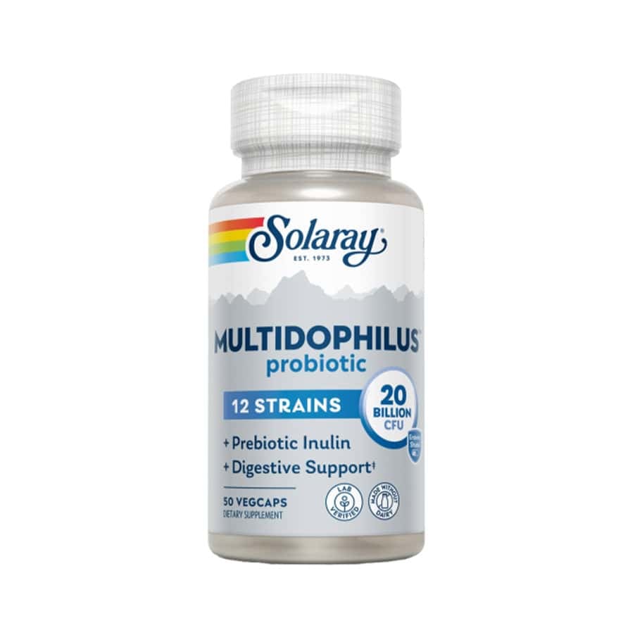 Frasco de suplemento Solaray Multidophilus Probiótico com 50 cápsulas, fórmula com múltiplas estirpes de probióticos para equilíbrio intestinal e reforço imunitário.