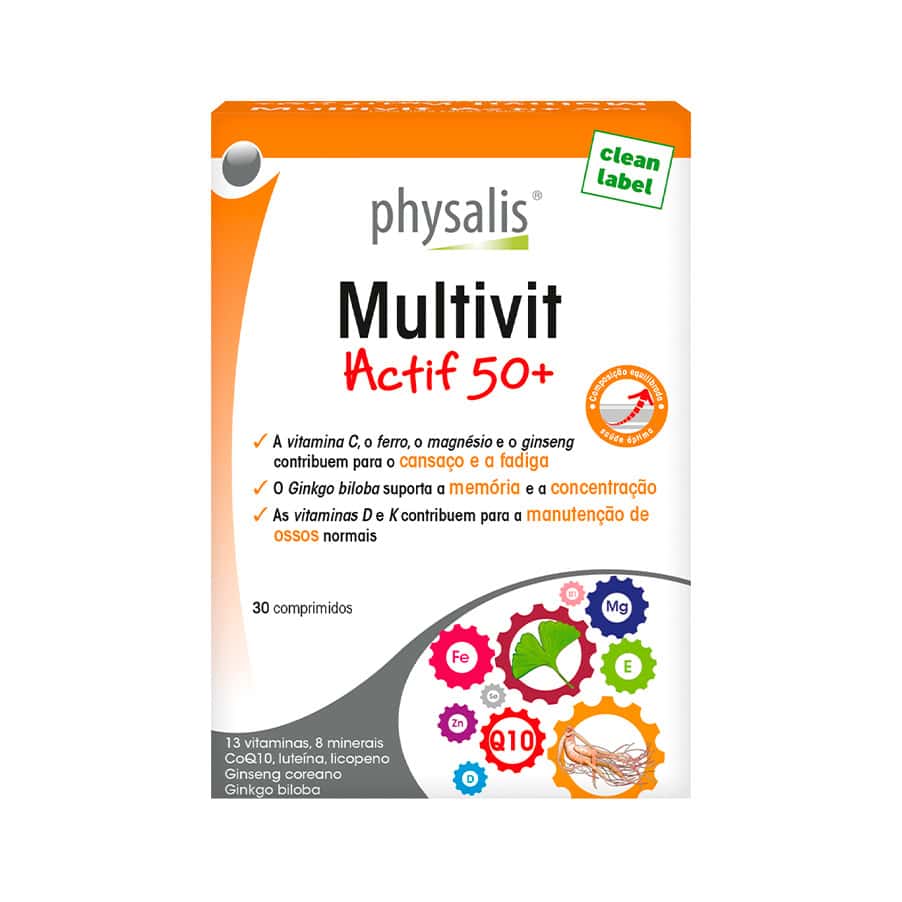 Multivit Actif 50+ 30 Comprimidos Physalis, suplemento multivitamínico com vitaminas, minerais, ginseng coreano, ginkgo biloba, luteína, licopeno e CoQ10 para adultos 50+.
