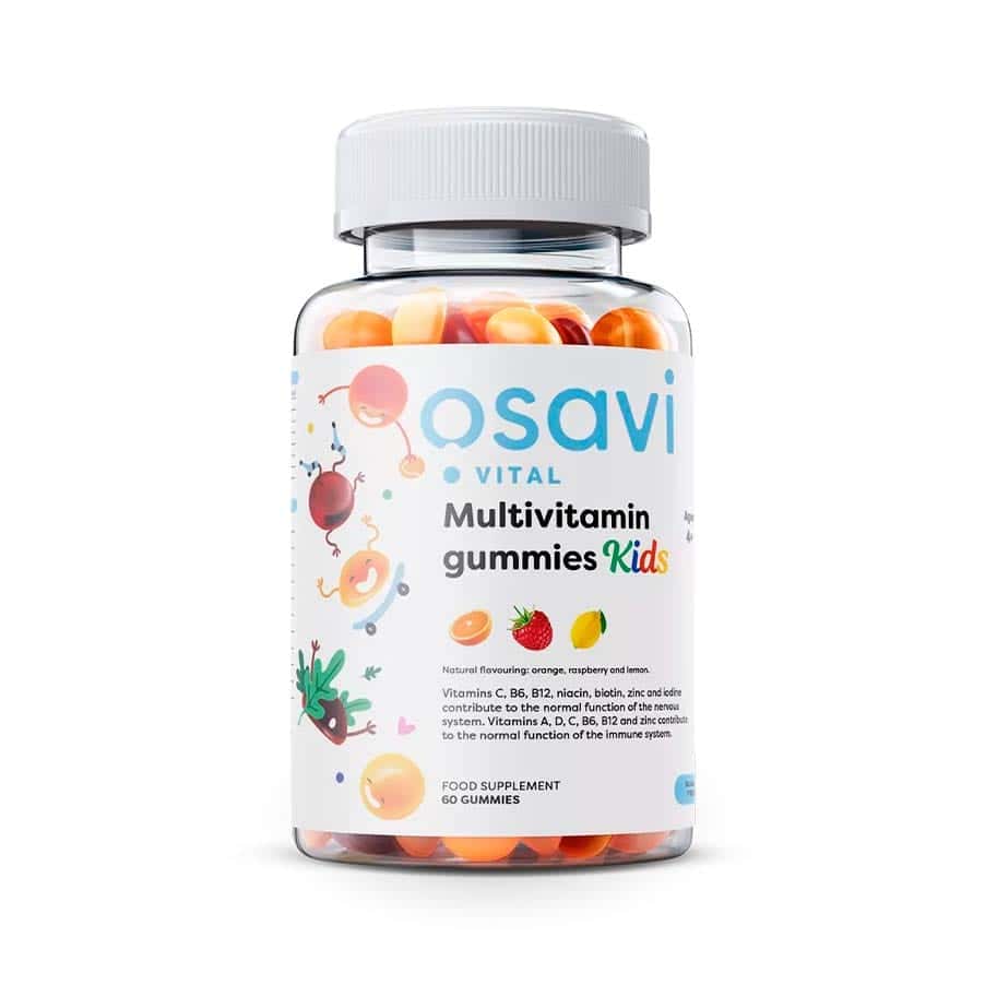 Suplemento alimentar em forma de gomas contendo vitaminas e minerais, com sabores de laranja, framboesa e limão. Sem açúcar, com adoçantes.
