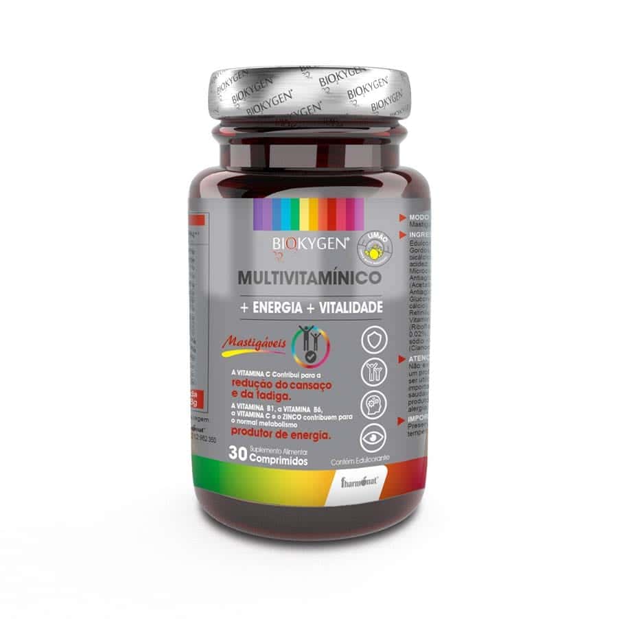 Multivitamínico 30 Comprimidos Mastigáveis Biokygen, suplemento alimentar com vitaminas e minerais para energia e vitalidade.