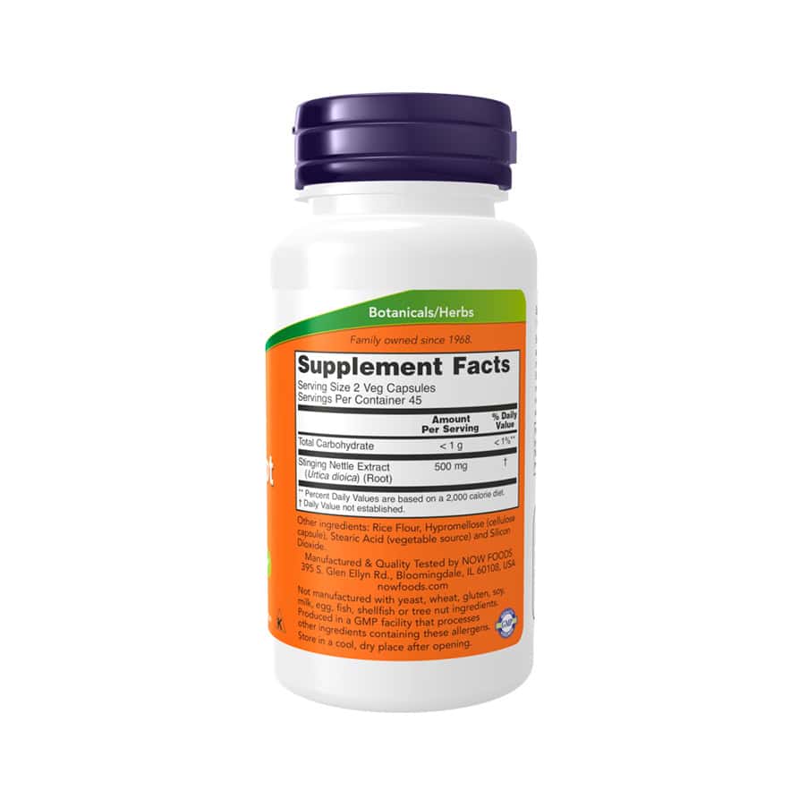 Frasco do Stinging Nettle Root Extract 250mg com 90 cápsulas da Now, suplemento natural para suporte urinário e prostático.