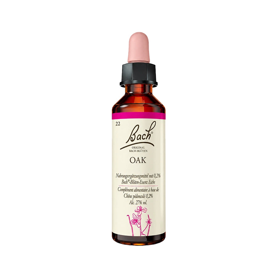 Oak 20ml Floral de Bach, essência floral de Quercus robur em frasco conta-gotas.