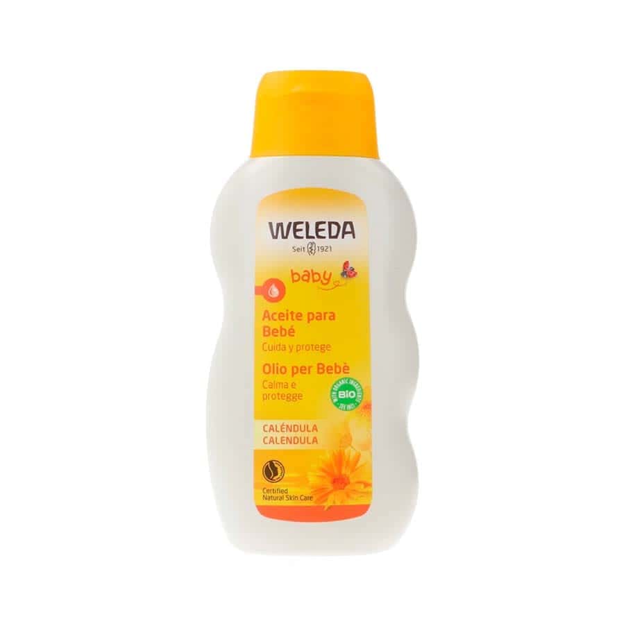 Óleo para bebé da Weleda delicadamente perfumado com ingredientes biológicos que previnem a secura da pele.