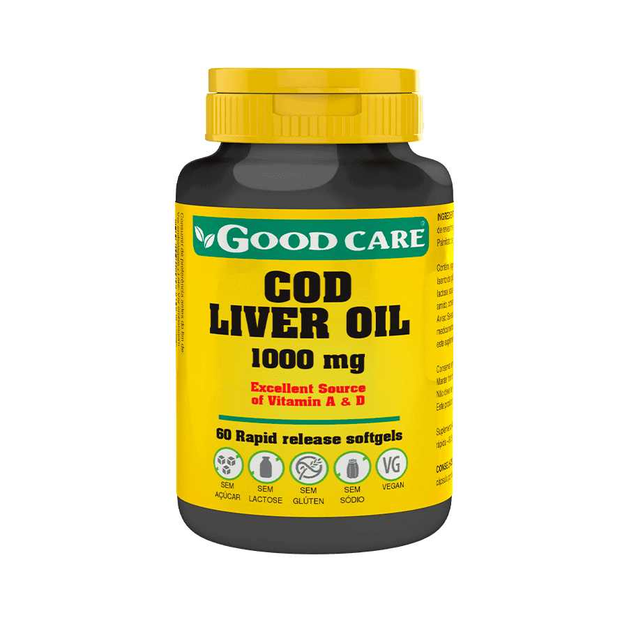 Óleo de Fígado de Bacalhau 1000 mg Good Care em embalagem de 60 cápsulas.