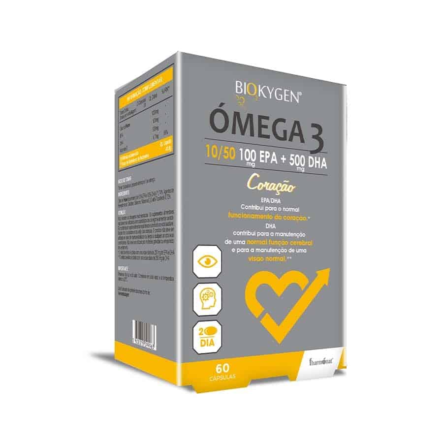 Ómega 3 EPA 100 / DHA 500 60 Cápsulas Biokygen, suplemento alimentar com óleo de peixe, EPA, DHA e vitamina E.