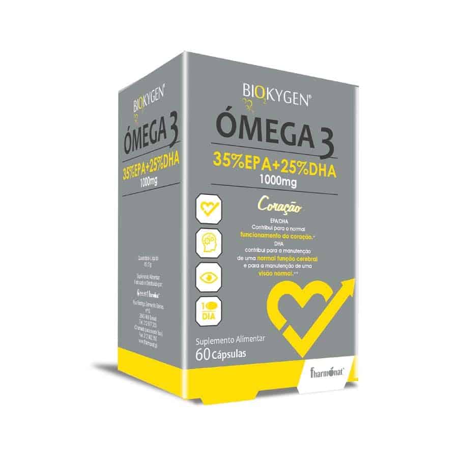Ómega 3 EPA 35 / DHA 25 1000 mg 60 Cápsulas Biokygen, suplemento alimentar com óleo de peixe, EPA, DHA e vitamina E.