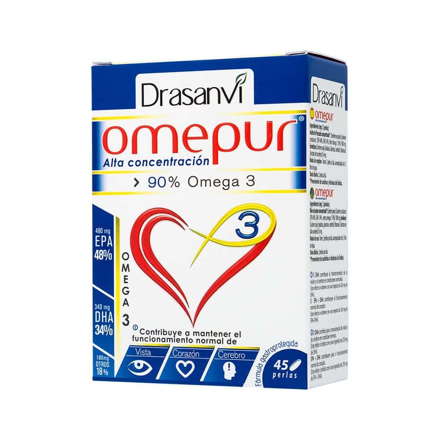 O Omepur 3 45 Cápsulas da&nbsp;Drasanvi&nbsp;é um suplemento alimentar rico em ácidos gordos do tipo Ômega 3, concretamente DHA e EPA.