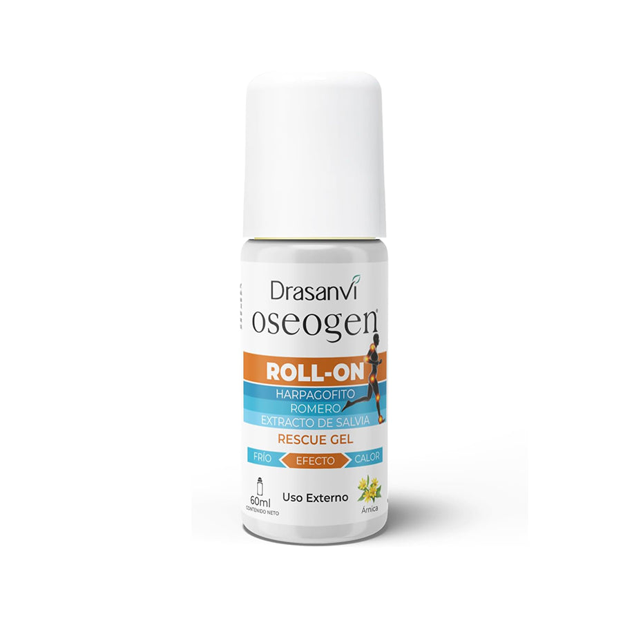 Oseogen Rescue Gel Roll-On Drasanvi, gel com árnica e extratos vegetais, em embalagem de 60 ml.