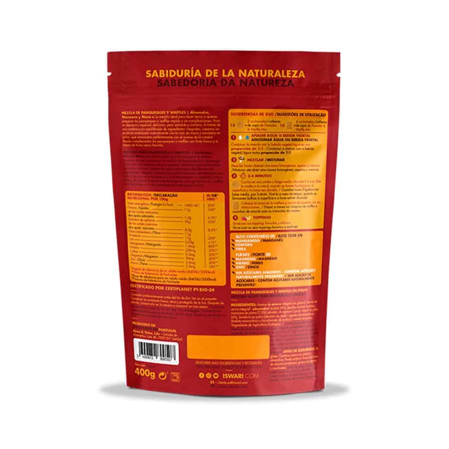 Panqueca e Waffle Mix de Amêndoa, Maçã e Maca 400gr Iswari em embalagem.