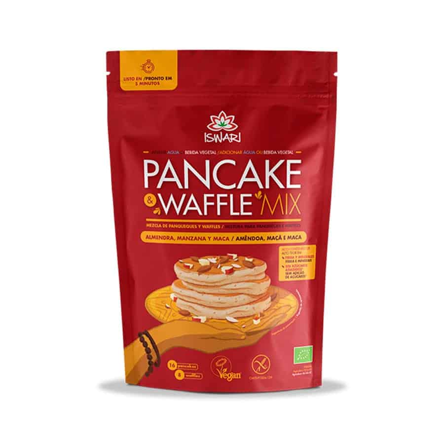 Panqueca e Waffle Mix de Amêndoa, Maçã e Maca 400gr Iswari em embalagem.