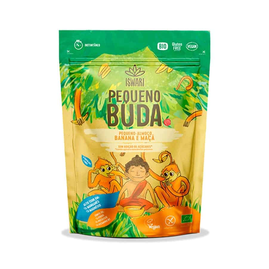 Pequeno Buda de Banana e Maçã 400gr Iswari em embalagem de mistura para pequeno-almoço infantil.