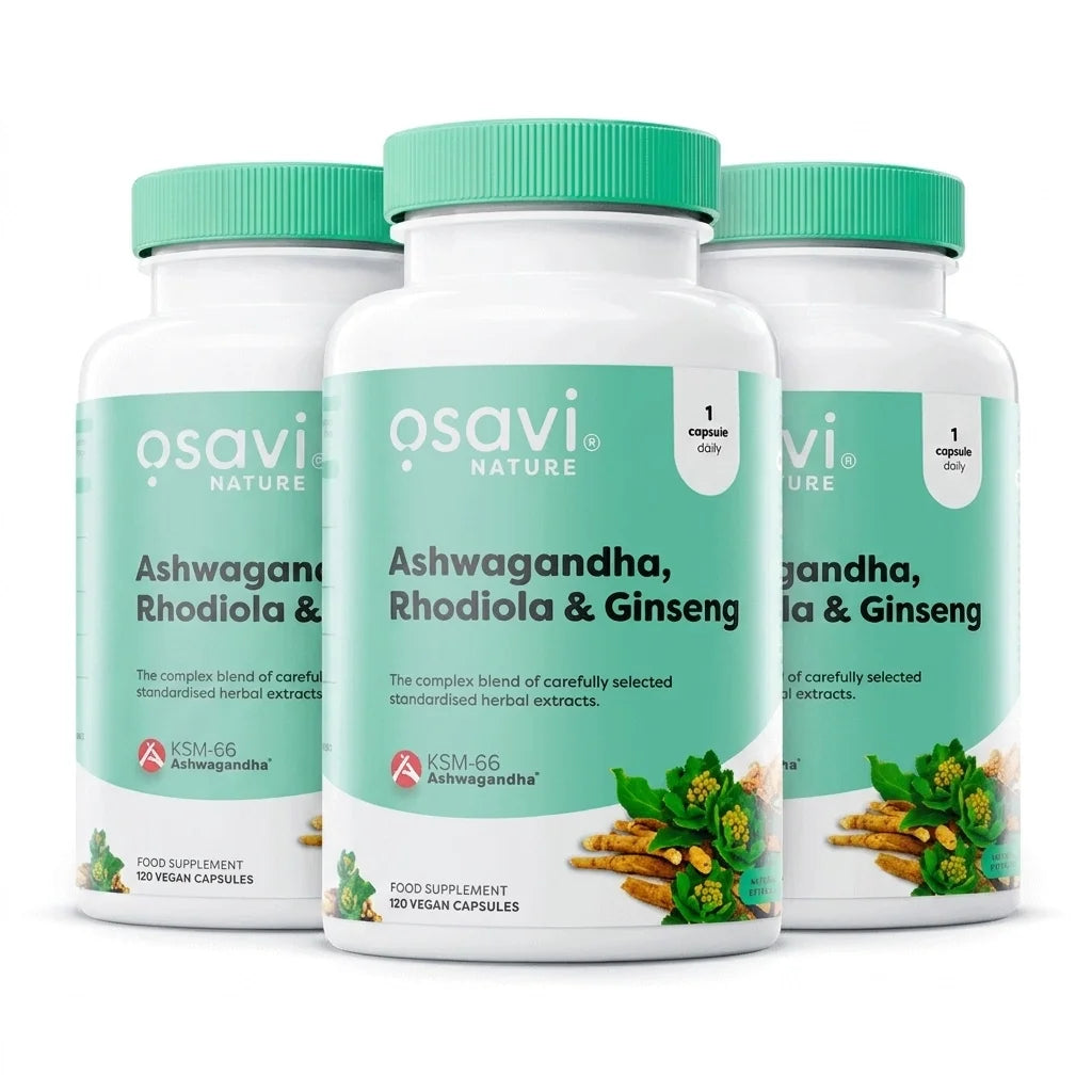 O Ashwagandha + Rhodiola & Ginseng Osavi é um suplemento alimentar vegan que combina quatro adaptogénios potentes.