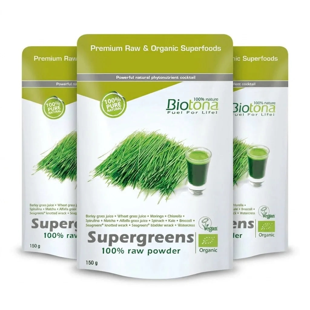 O Supergreens 100% Raw Biotona é um suplemento 100% biológico e cru que combina os mais potentes superalimentos verdes.