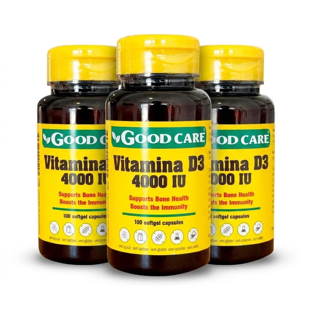 A Vitamina D3 4000 IU 100 Comprimidos Good Care é um suplemento alimentar em comprimidos, formulado para complementar a ingestão diária de vitamina D3.