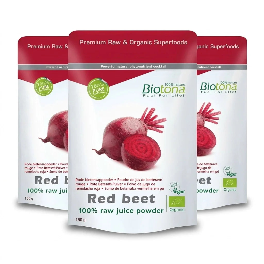 A Beterraba Vermelha 100% Raw 150gr Juice Pó Biotona é um produto biológico obtido exclusivamente a partir de sumo de beterraba vermelha.