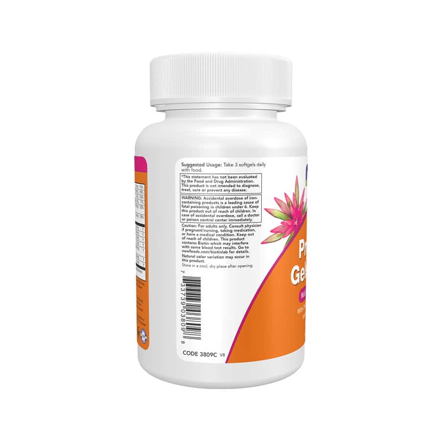 O Prenatal Gels + DHA da NOW Foods é um suplemento formulado para apoiar as necessidades nutricionais durante a gravidez.
