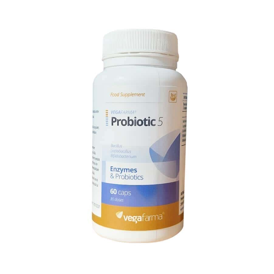 Suplemento alimentar formulado com cinco estirpes de bactérias produtoras de ácido láctico, pertencentes a grupos como Lactobacillus, Bifidobacterium, Streptococcus e Enterococcus.