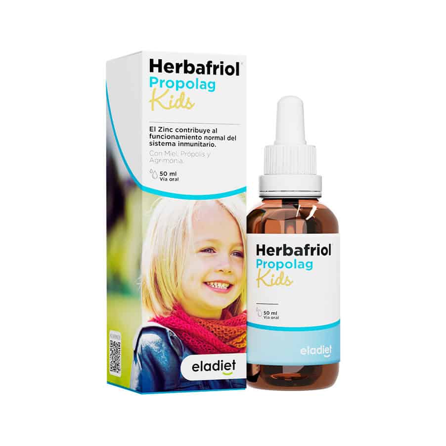 Herbafriol Propolag Kids 50ml Eladiet, complemento alimentar infantil com mel, própolis, agrimónia e zinco para o bem-estar respiratório.
