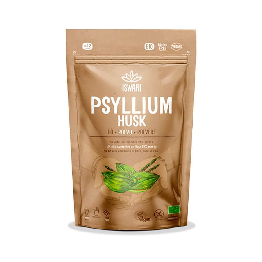 Psyllium Husk em Pó 125 g Iswari, fibra vegetal em pó para adicionar a bebidas, iogurtes e receitas.