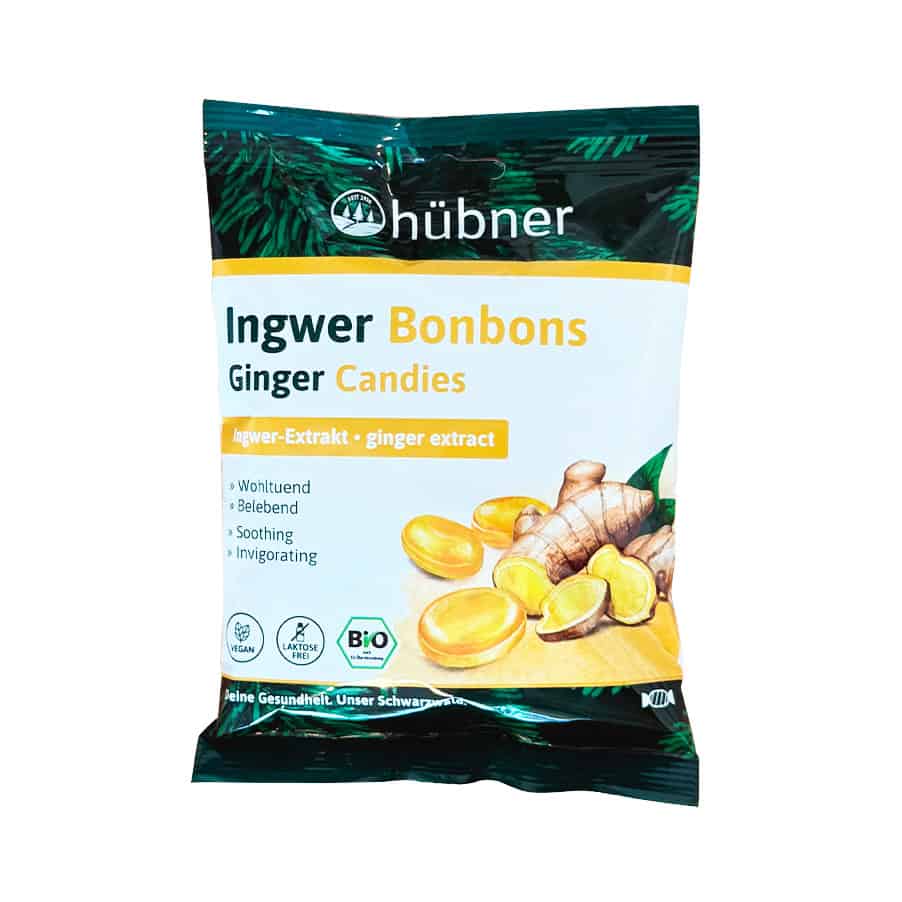 Os rebuçados de gengibre da Hubner são feitos com extratos naturais de gengibre tem efeito anti-inflamatórios e melhoram a digestão e reduzem a náusea.