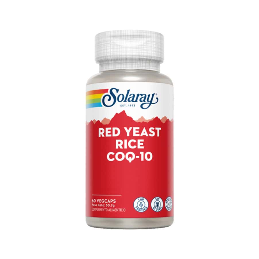 Frasco de suplemento Solaray Red Yeast Rice + Q10 com 60 cápsulas, fórmula com arroz vermelho e coenzima Q10 para apoio ao colesterol e energia celular.