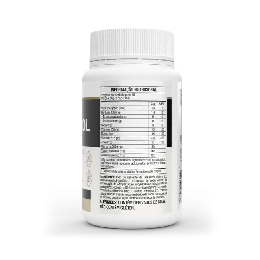 Suplemento alimentar formulado com óleo de semente de uva (Vitis vinifera), trans-resveratrol, ácido hialurónico, coenzima Q10, vitamina B3, vitamina B12, biotina e zinco.