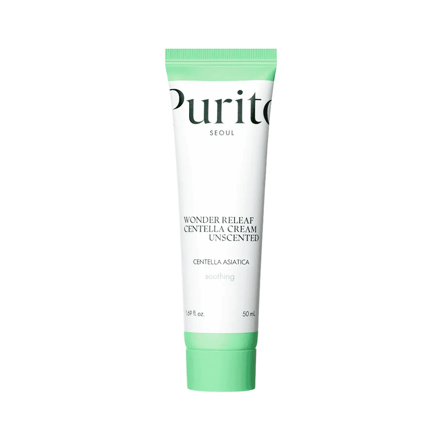 Creme Facial Wonder Releaf Centella Sem Perfume 50ml da Purito Seoul com centelha asiática, ceramida NP e esqualano.
