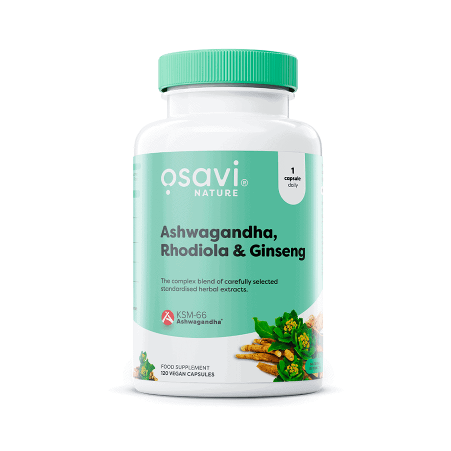 A Ashwagandha + Rhodiola & Ginseng 60 Vegan Cápsulas da Osavi é um suplemento alimentar formulado com três extratos vegetais tradicionalmente associados a rotinas de bem-estar, equilíbrio e vitalidade.