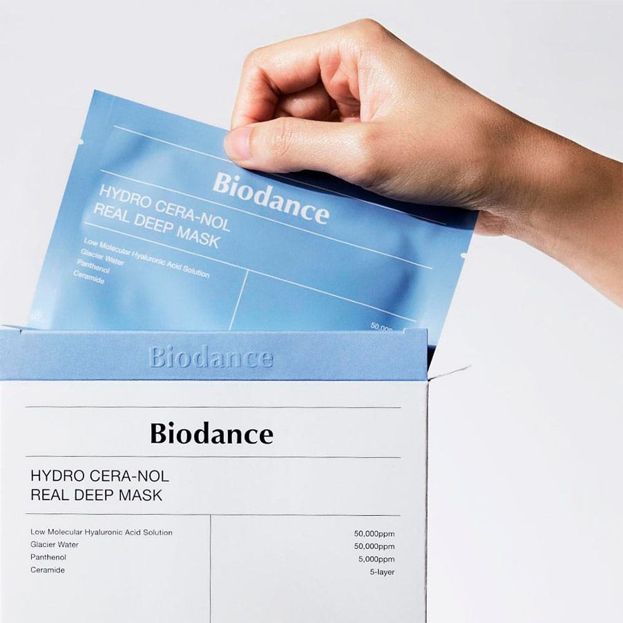 Máscara Real Deep Hydro Cera-Nol 34gr Biodance, máscara facial de hidrogel com água glaciar, pantenol, ceramidas e ácido hialurónico para hidratação intensa.
