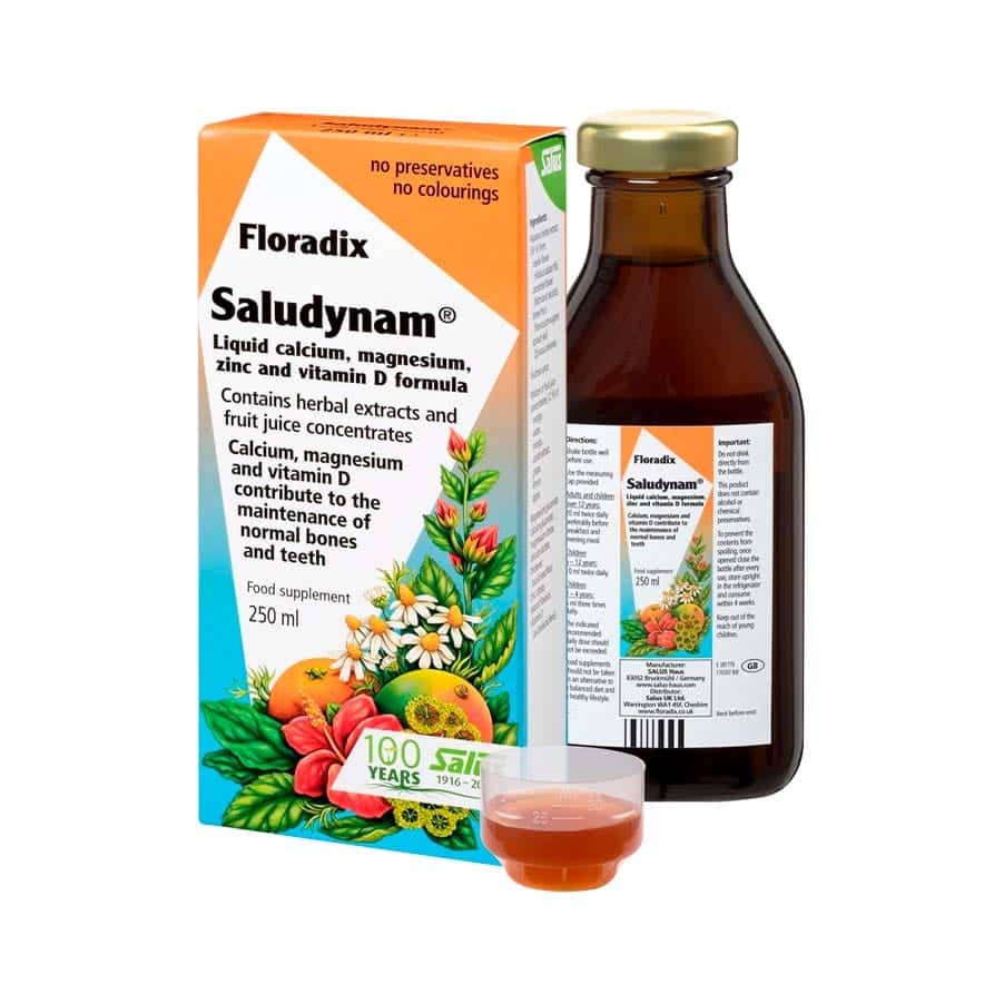 Saludynam da Salus é um suplemento feito à base de cálcio, magnésio e vitamina D, para a promoção de uma estrutura óssea saudável e dentes saudáveis.