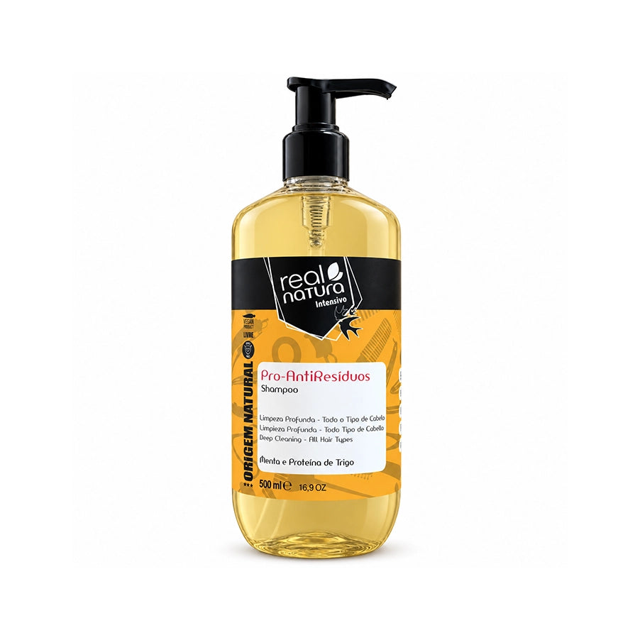 Shampoo Sem Sal Pro-Antirresíduos Real Natura, champô de limpeza profunda em embalagem de 500 ml.