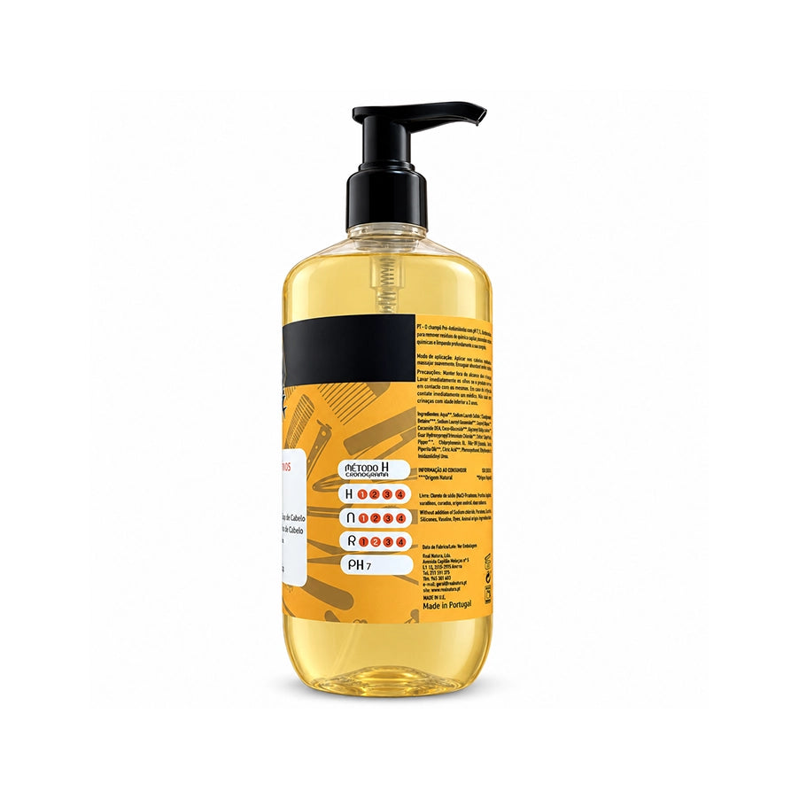 Shampoo Sem Sal Pro-Antirresíduos Real Natura, champô de limpeza profunda em embalagem de 500 ml.