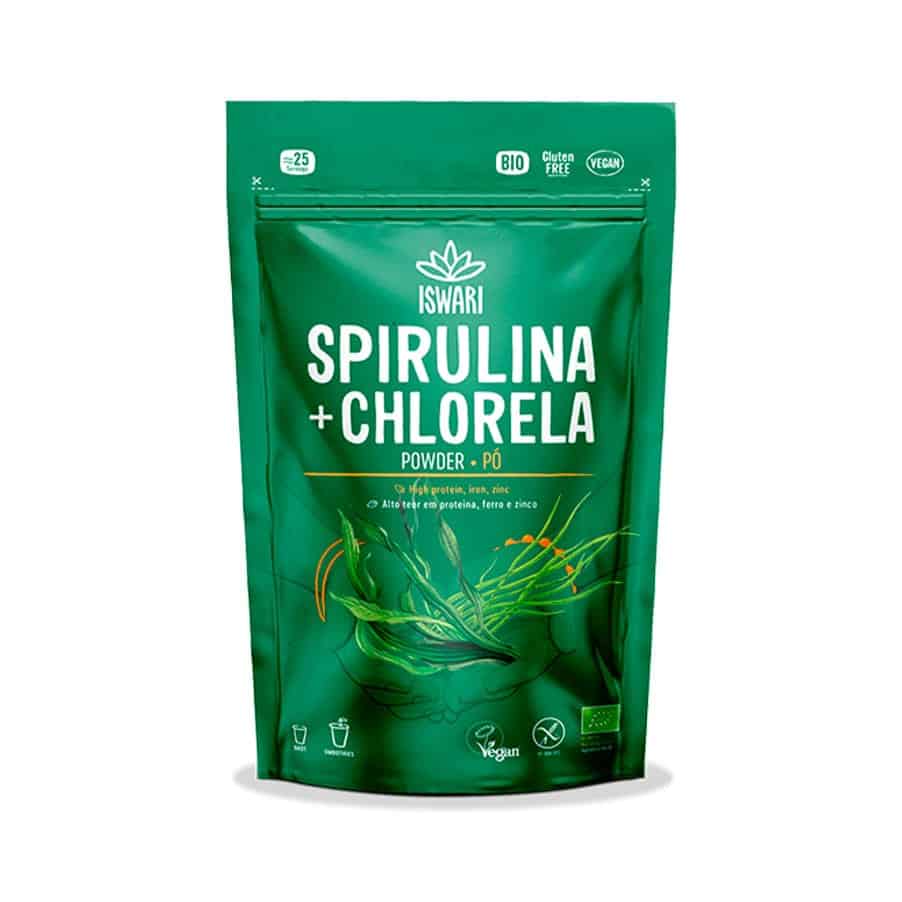 Spirulina e Chlorella em Pó 125g Iswari, mistura de microalgas em pó para batidos e receitas.
