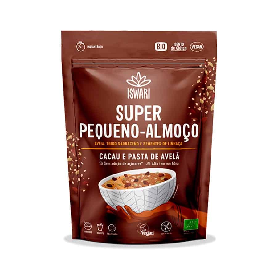 Super Pequeno-Almoço Cacau e Pasta de Avelã 360gr Iswari em embalagem.