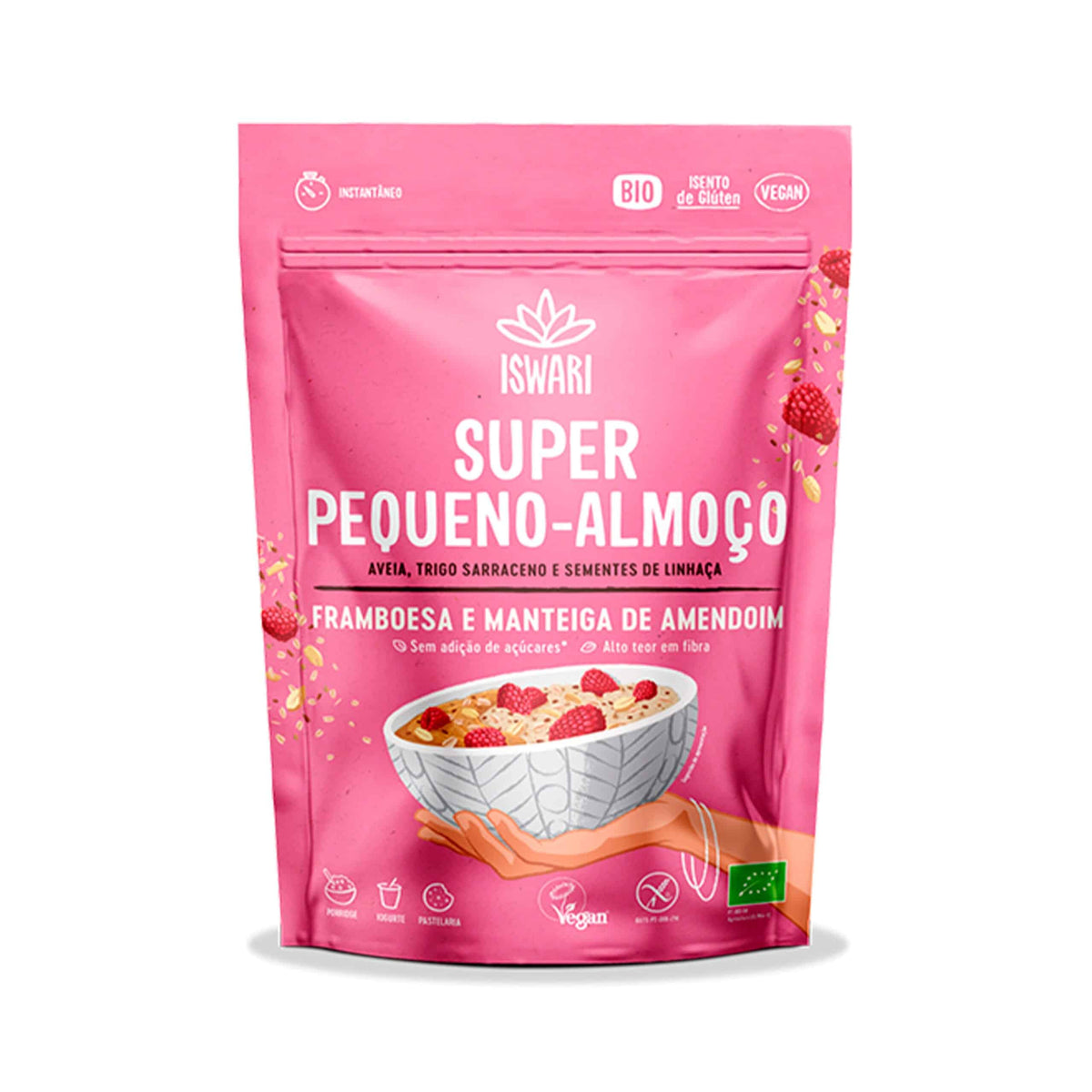 Super Pequeno-Almoço Framboesa e Manteiga de Amendoim 360gr Iswari em embalagem de mistura para pequeno-almoço.