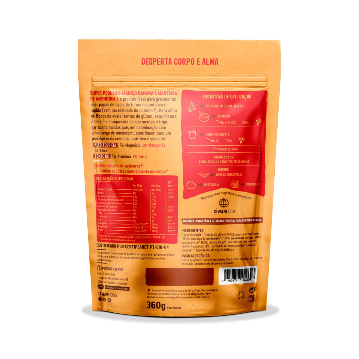 Super Pequeno-Almoço Banana e Manteiga de Amendoim 360gr Iswari em embalagem de mistura para pequeno-almoço.
