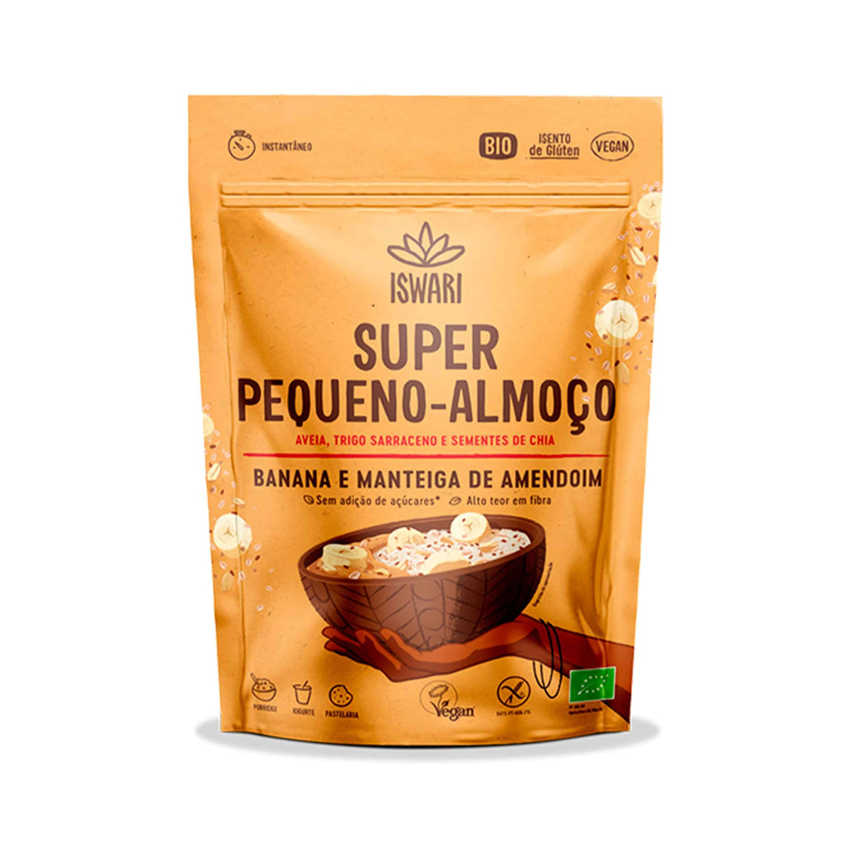 Super Pequeno-Almoço Banana e Manteiga de Amendoim 360gr Iswari em embalagem de mistura para pequeno-almoço.