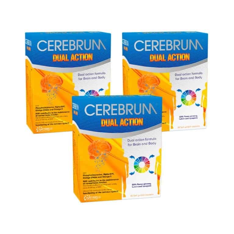 O Cerebrum Dual Action Natiris é um suplemento alimentar em cápsulas de gelatina mole que combina ómega-3, vitaminas, minerais e extratos vegetais.