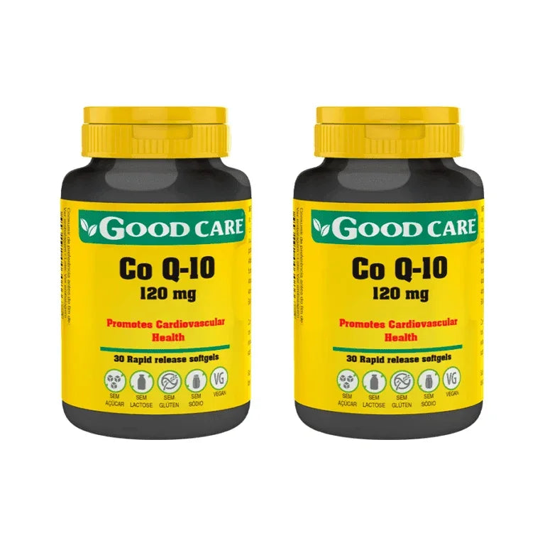 O suplemento Coenzima Q10 120 mg da Good Care é formulado com ubiquinona, uma substância presente no organismo e envolvida na produção de energia celular.