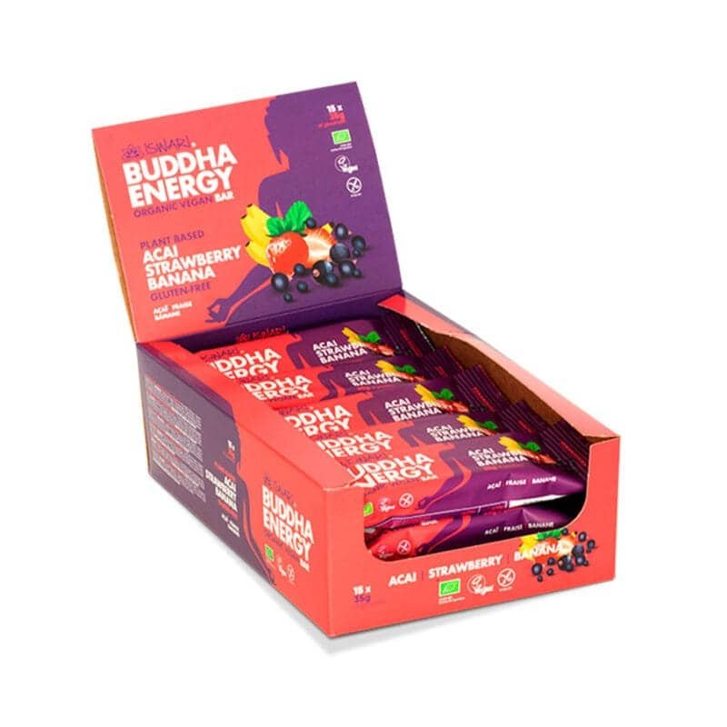 Buddha Energy Bar Açaí, Morango e Banana Iswari em pack de 15 barras de 35 g.