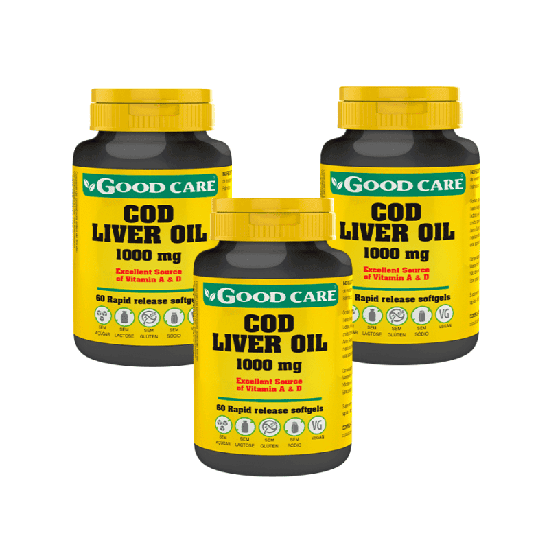 O Óleo de Fígado de Bacalhau 1000 mg Good Care é um suplemento alimentar em cápsulas moles que fornece óleo de fígado de bacalhau.