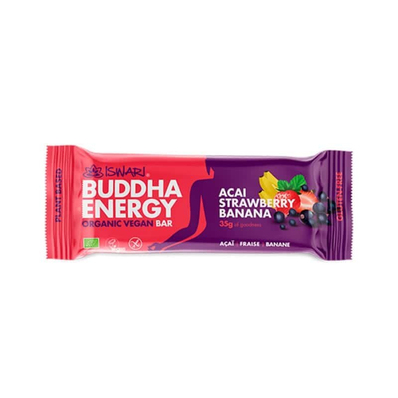 Buddha Energy Bar Açaí, Morango e Banana Iswari em pack de 15 barras de 35 g.