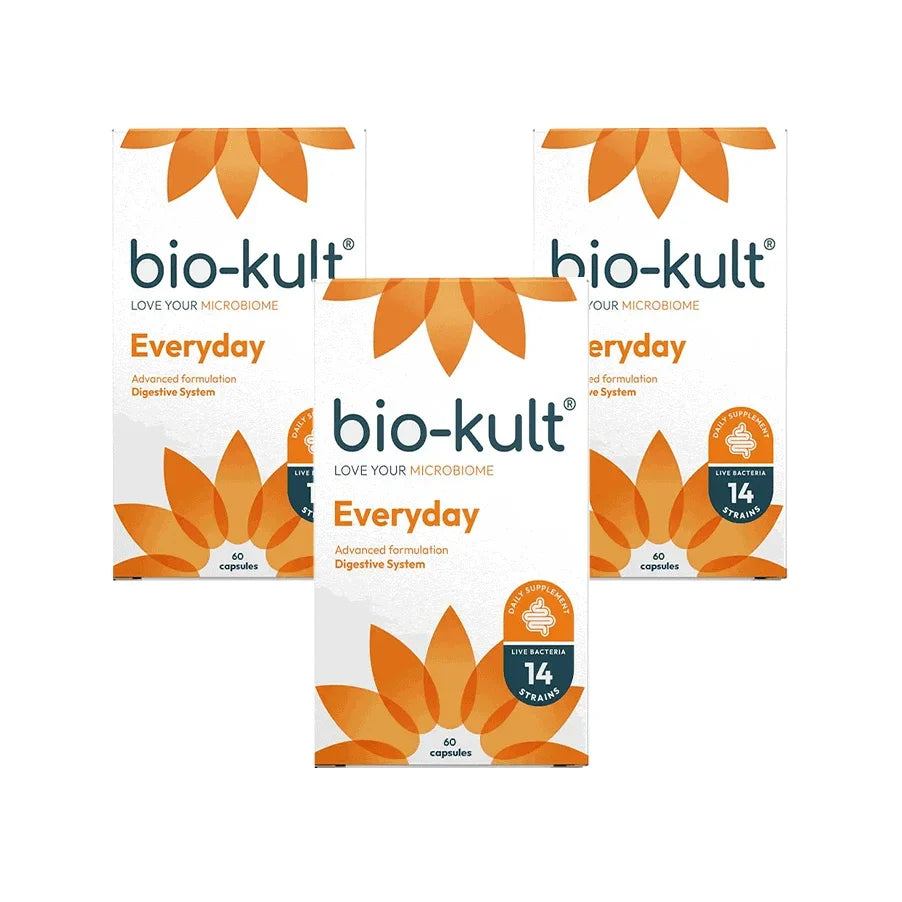 Bio-Kult Everyday 60 Cápsulas é um suplemento alimentar com uma fórmula avançada de 14 estirpes de bactérias vivas, desenvolvido para apoiar o equilíbrio da flora intestinal.