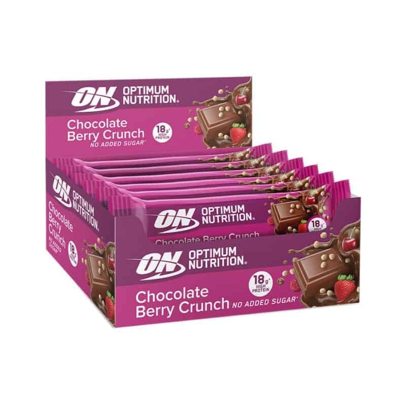 Barra de Proteína Crocante Chocolate e Frutos Vermelhos 12 x 55gr Optimum Nutrition, snack proteico com 18g de proteína por barra e recheio crocante.