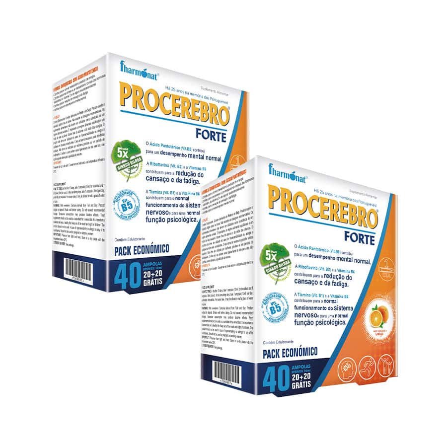 Procerebro Forte Pack 2 x 40 ampolas Fharmonat é um suplemento alimentar indicado para apoiar a memória, a concentração e o desempenho mental.