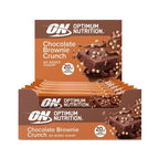Chocolate Brownie de Crunch 12 x 65gr Optimum Nutrition é uma caixa com 12 barras proteicas de sabor brownie de chocolate crocante.