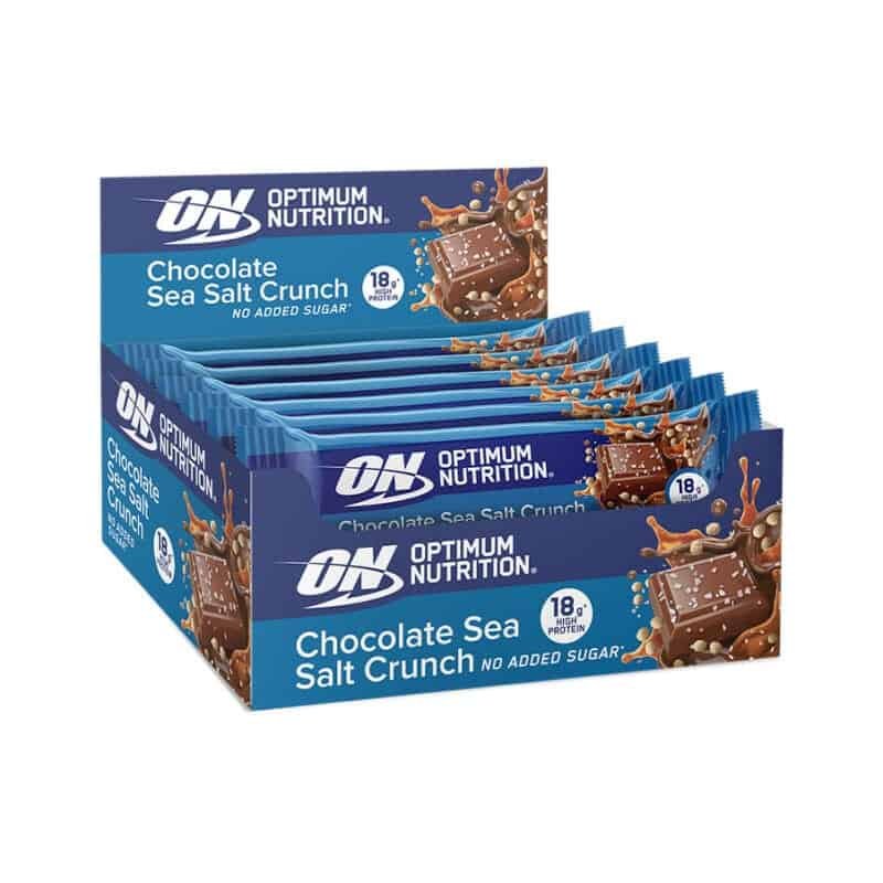 Barra de Proteína Crocante Chocolate e Sal Marinho 12 x 55gr Optimum Nutrition, snack proteico com cobertura de chocolate ao leite, crocante e sal marinho.