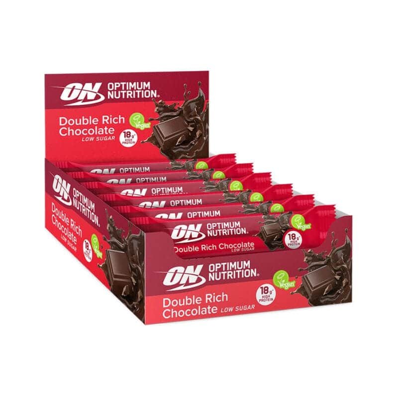 A Barra de Proteína Vegan Duplo Chocolate Optimum Nutrition é um snack proteico de origem vegetal, com sabor intenso a chocolate e textura em camadas.